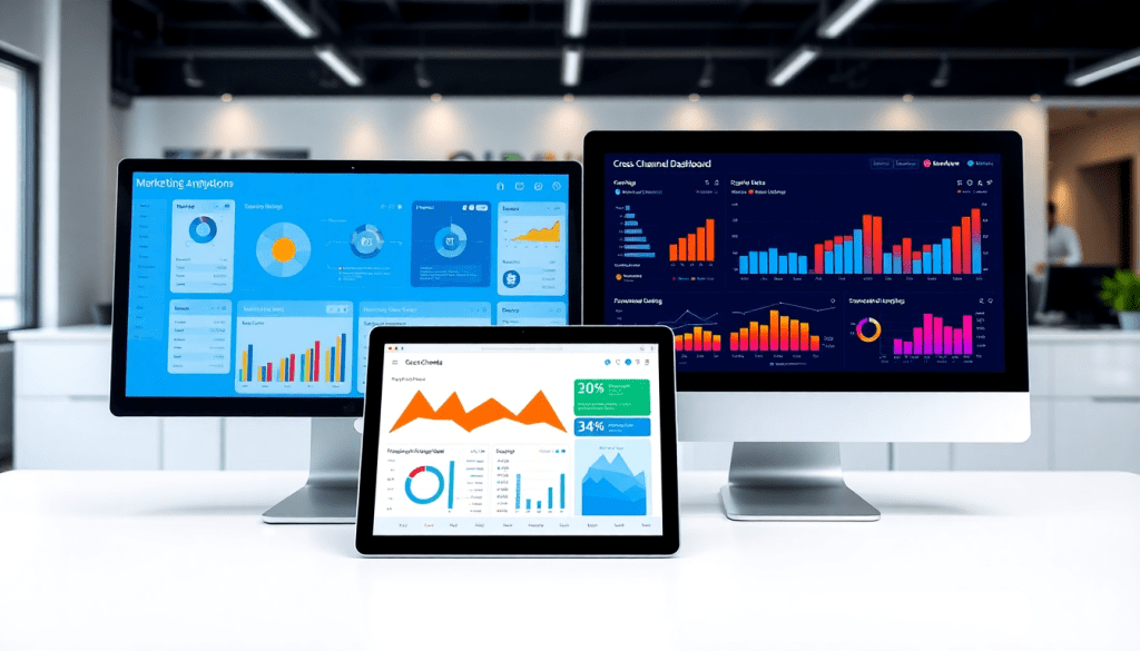 Marketing dashboard automation displaying marketing analytics dashboard, automated performance reports, agency reporting automation, client dashboard insights, and cross-channel analytics on multiple screens.
