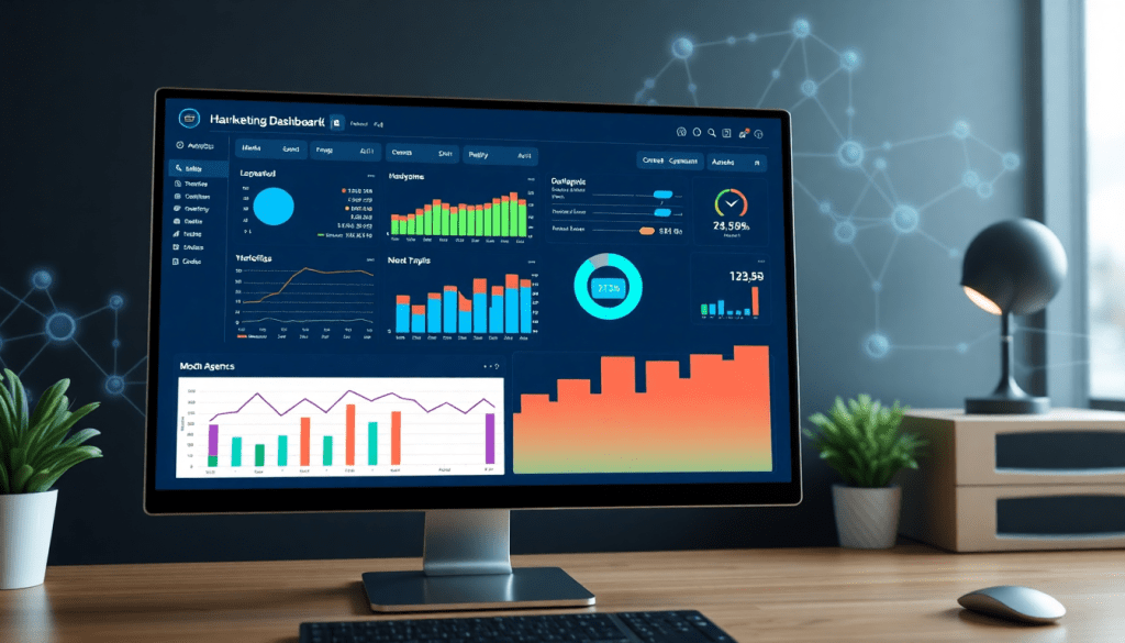 Marketing analytics dashboard on a computer screen showcasing automated performance reports, cross-channel analytics, and client dashboard insights, ideal for performance marketing KPIs and agency reporting automation, as a Funnel.io alternative.