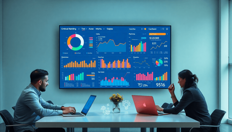 Automated KPI reporting dashboard displaying real-time marketing performance, featuring AI analytics and cross-channel campaign metrics for enhanced ROI visualization and data-driven insights.