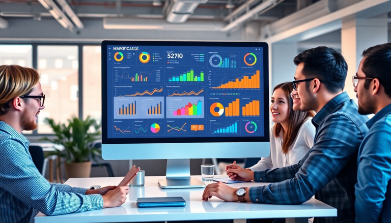A team of marketers analyzing data on an AI-powered visualization tool, featuring interactive dashboards and real-time marketing metrics for cross-channel performance insights.