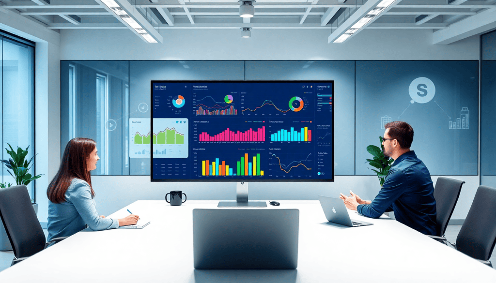 Modern office with two professionals discussing a large marketing analytics dashboard on a screen, showcasing automated performance reports and cross-channel analytics for agency reporting automation.