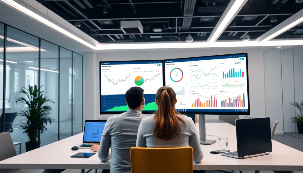 Two professionals analyzing a marketing dashboard automation system with charts and graphs on multiple screens, demonstrating cross-channel analytics and digital marketing data visualization.