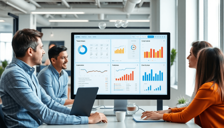 Team analyzing marketing analytics dashboard on a large screen, showcasing automated performance reports, cross-channel analytics, and digital marketing data visualization for agencies.
