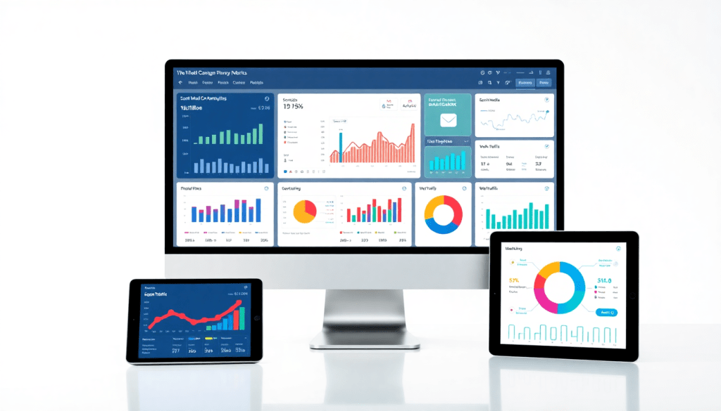 Multi-channel analytics dashboard displaying cross-channel marketing analytics, performance tracking, and marketing data aggregation on a unified reporting platform for campaign performance visualization and ROI tracking across multiple devices.