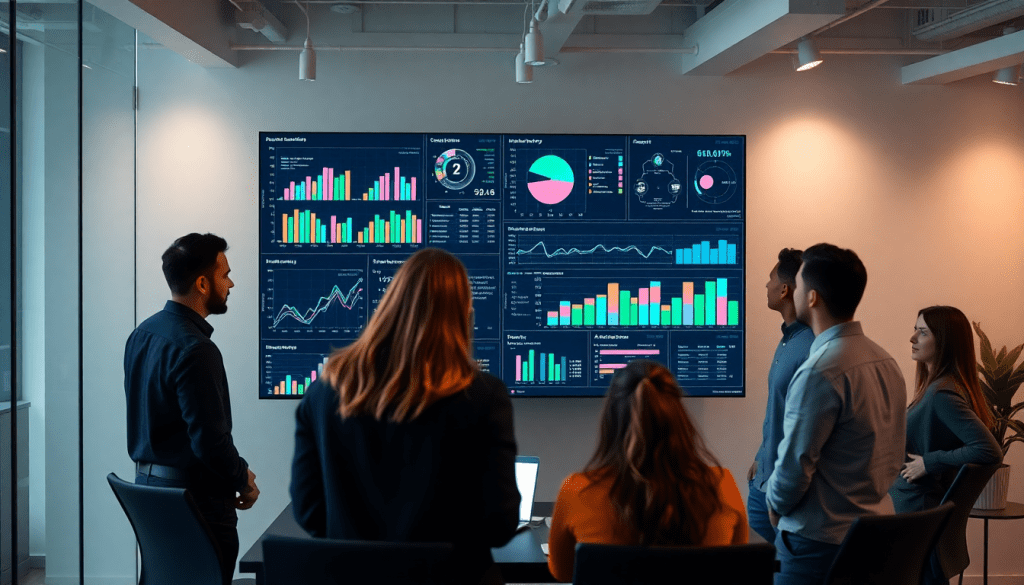 Marketing team analyzing data on an AI data visualization tool, focusing on marketing analytics automation, AI reporting assistant, automated dashboard creation, cross-channel performance tracking, client analytics automation, marketing data visualization, and ROI tracking dashboard using Tapclicks AI platform for enhanced marketing intelligence automation and campaign performance insights.