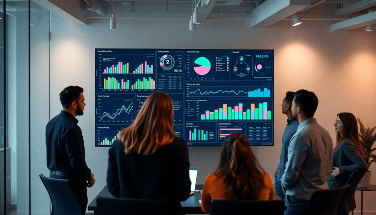 Marketing team analyzing data on an AI data visualization tool, focusing on marketing analytics automation, AI reporting assistant, automated dashboard creation, cross-channel performance tracking, client analytics automation, marketing data visualization, and ROI tracking dashboard using Tapclicks AI platform for enhanced marketing intelligence automation and campaign performance insights.