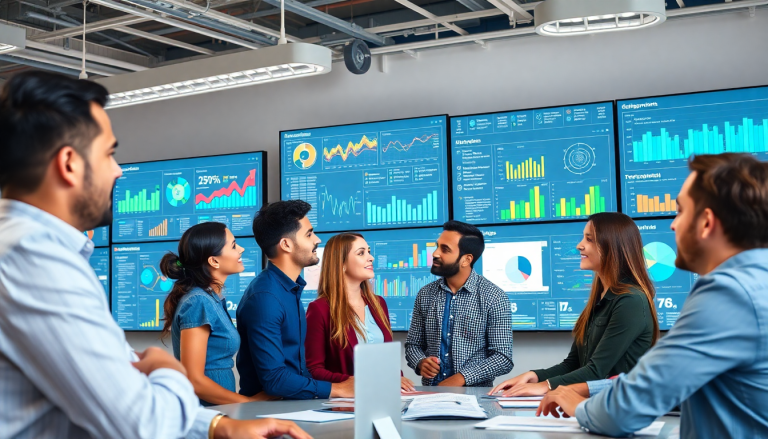Marketing team utilizing an AI data visualization tool for automated marketing analytics, featuring AI-powered dashboards, marketing data storytelling, and cross-channel visualization on screens, providing campaign performance insights and interactive data reports.