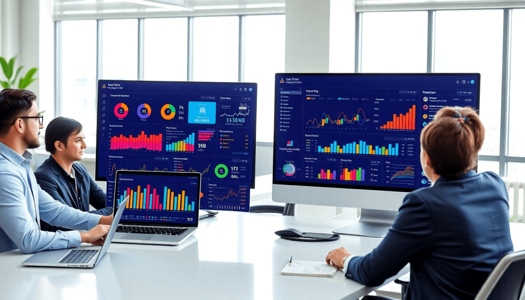 Automated KPI reporting dashboard displaying real-time performance metrics and AI analytics in a professional meeting setting.