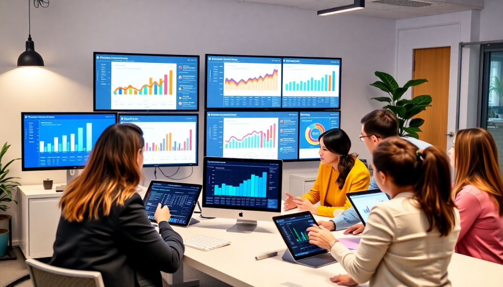 Team collaborating with a white-label marketing dashboard for agencies featuring customizable client dashboards and automated data visualization on multiple screens.