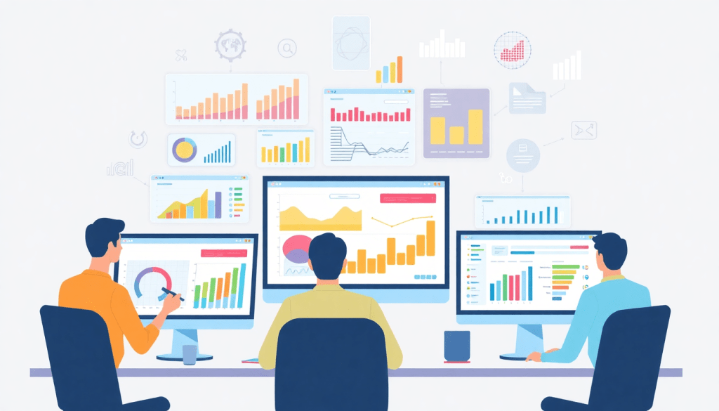 "Illustration of professionals using reporting software for agencies, depicting best NinjaCat alternatives and client dashboard platforms with cross-channel reporting tools and automated marketing reports."