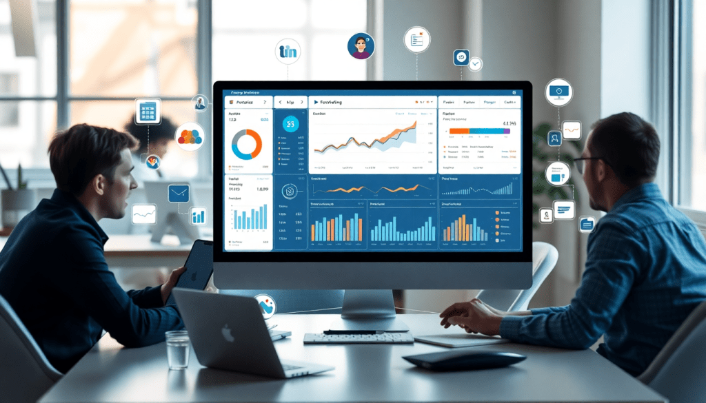 Two professionals analyzing a marketing analytics dashboard on a computer screen, showcasing automated performance reports and cross-channel analytics, ideal for reporting automation for agencies and digital marketing data visualization.