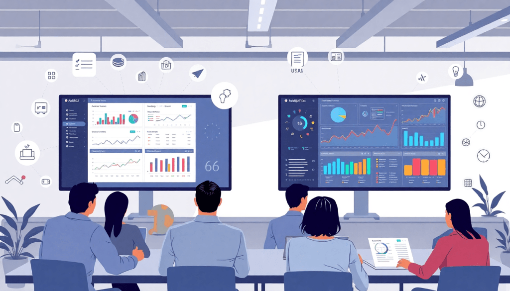 Digital marketing team analyzing data on a marketing analytics dashboard, focusing on automated performance reports and agency reporting automation for cross-channel insights and performance marketing KPIs.