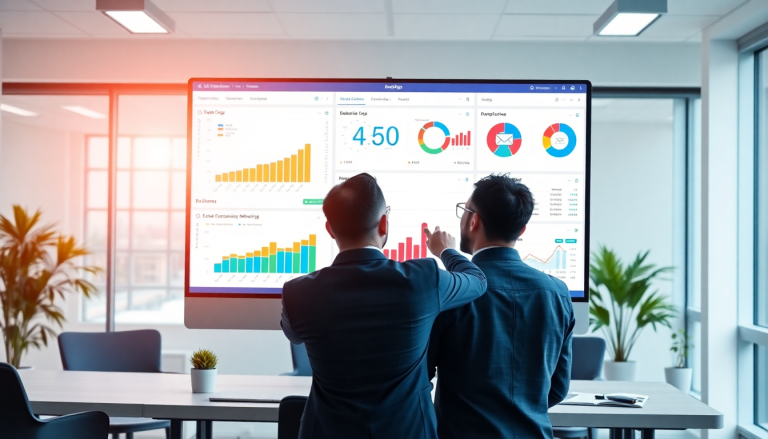 Two professionals analyzing a multi-channel analytics dashboard for cross-channel marketing analytics, featuring performance tracking, marketing data aggregation, unified reporting, and campaign performance visualization.