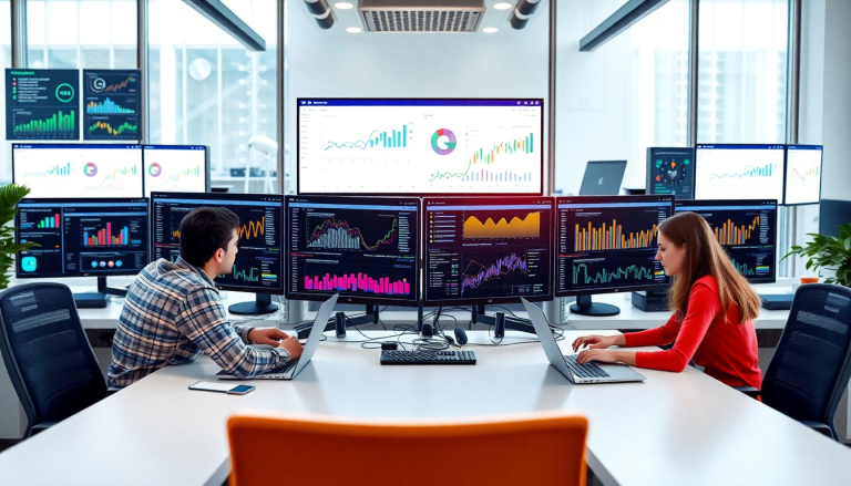 Two people working on laptops with multiple screens displaying analytics and graphs in a modern office setting, representing NinjaCat alternative and best competitors for reporting software for agencies, client dashboard platforms, cross-channel reporting tools, and automated marketing reports.