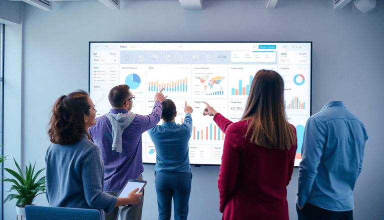 People analyzing a marketing analytics dashboard on a large screen, discussing automated performance reports, agency reporting automation, and client dashboard insights with cross-channel analytics in a modern office setting.