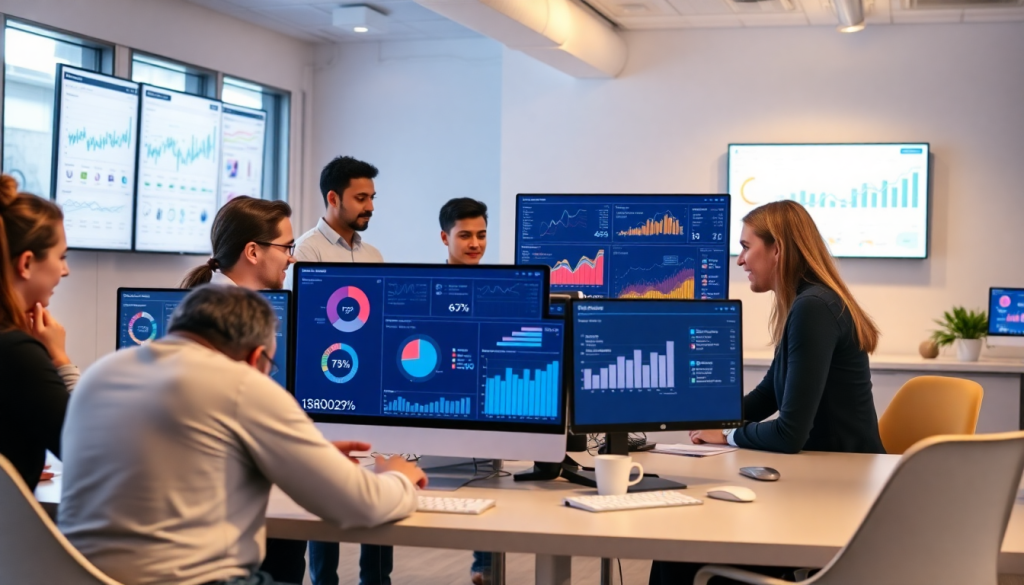 Team analyzing cross-channel data on dashboards, discussing NinjaCat alternatives and reporting software for agencies, focused on automated marketing reports and campaign performance tracking.