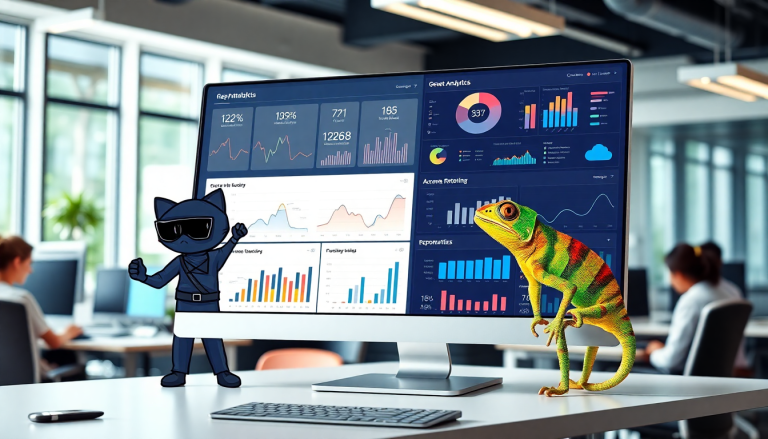 NinjaCat alternative illustrated with cartoon characters in front of a computer displaying analytics, representing best NinjaCat competitors and reporting software for agencies like TapClicks VS NinjaCat, highlighting automated marketing reports and client dashboard platform solutions.