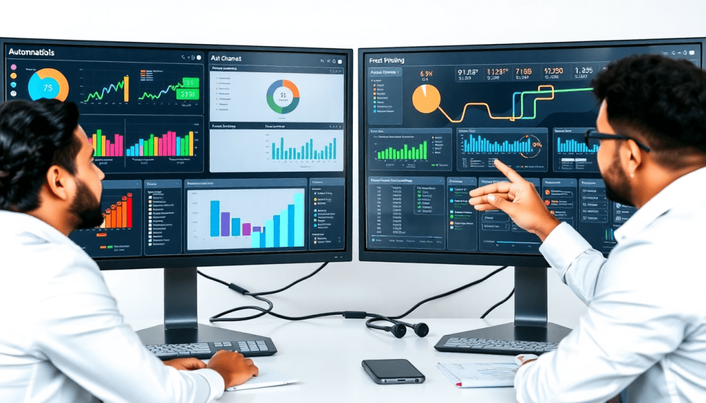 Two professionals analyzing marketing dashboard automation on dual screens with automated performance reports, cross-channel analytics, and client dashboard insights for agency reporting.