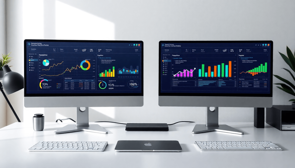 Two computer monitors displaying a marketing analytics dashboard with colorful graphs and charts, showcasing automated performance reports and cross-channel analytics for agency reporting automation and client dashboard insights.