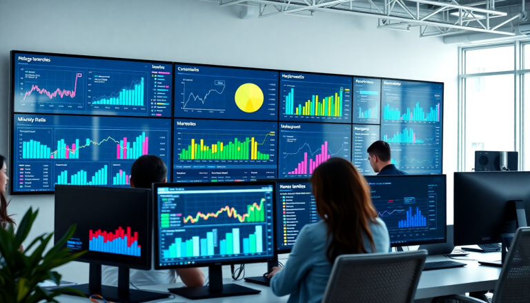 AI data visualization tool for marketing teams showcasing automated marketing analytics, AI-powered dashboards, and cross-channel visualization on multiple screens in a modern office setting.