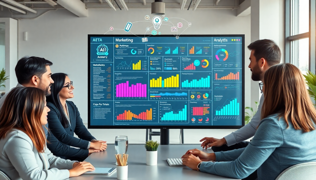 Marketing team using an AI data visualization tool for marketing analytics automation, featuring AI reporting assistant, automated dashboard creation, cross-channel performance tracking, and client analytics automation, displayed on a large screen.