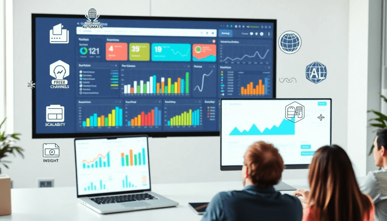 Marketing team analyzes performance on marketing analytics dashboard; featuring automated performance reports, agency reporting automation tools, client dashboard insights, cross-channel analytics, and a comparison to TapClicks and Funnel.io for reporting automation and digital marketing data visualization.