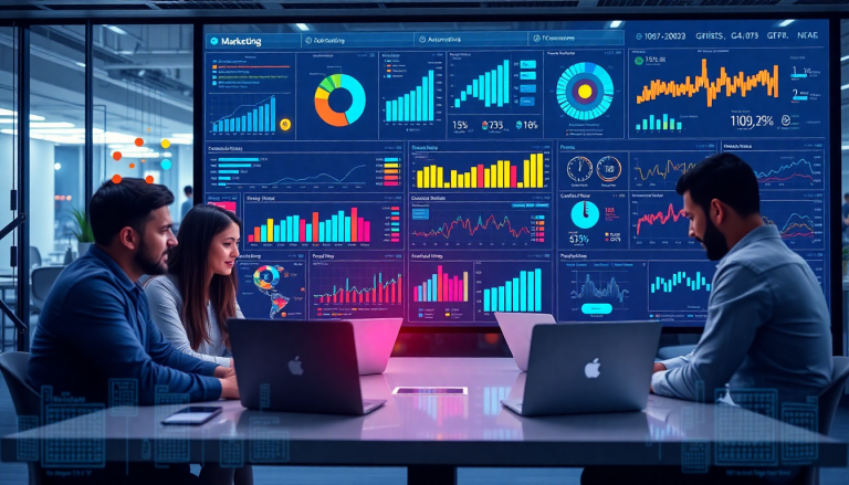 Marketing team analyzing data using an AI data visualization tool displaying AI-powered dashboards, cross-channel visualization, and campaign performance insights for real-time marketing metrics.