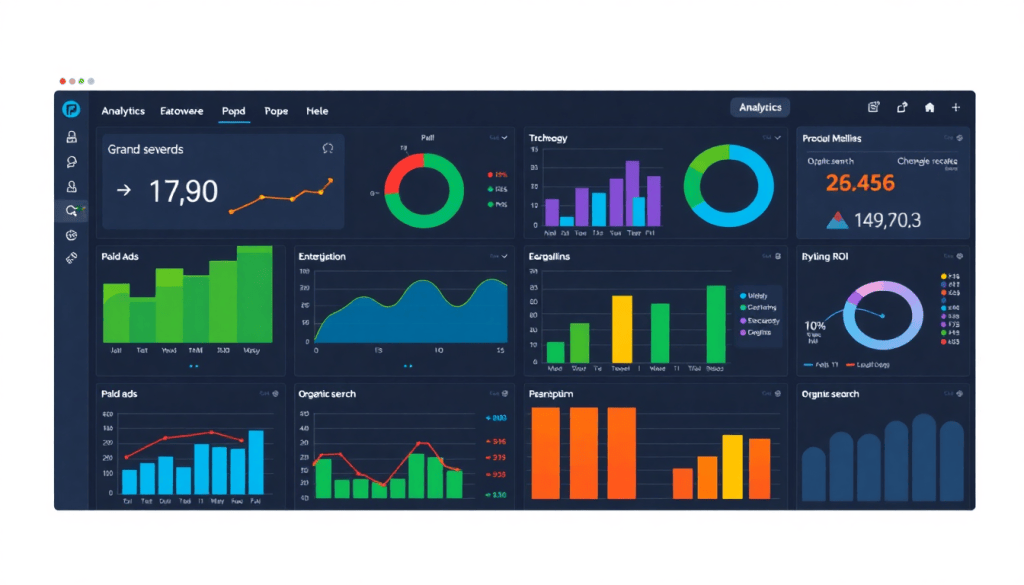 Multi-channel analytics dashboard displaying cross-channel marketing analytics, performance tracking, and ROI tracking with integrated marketing metrics and automated insights.