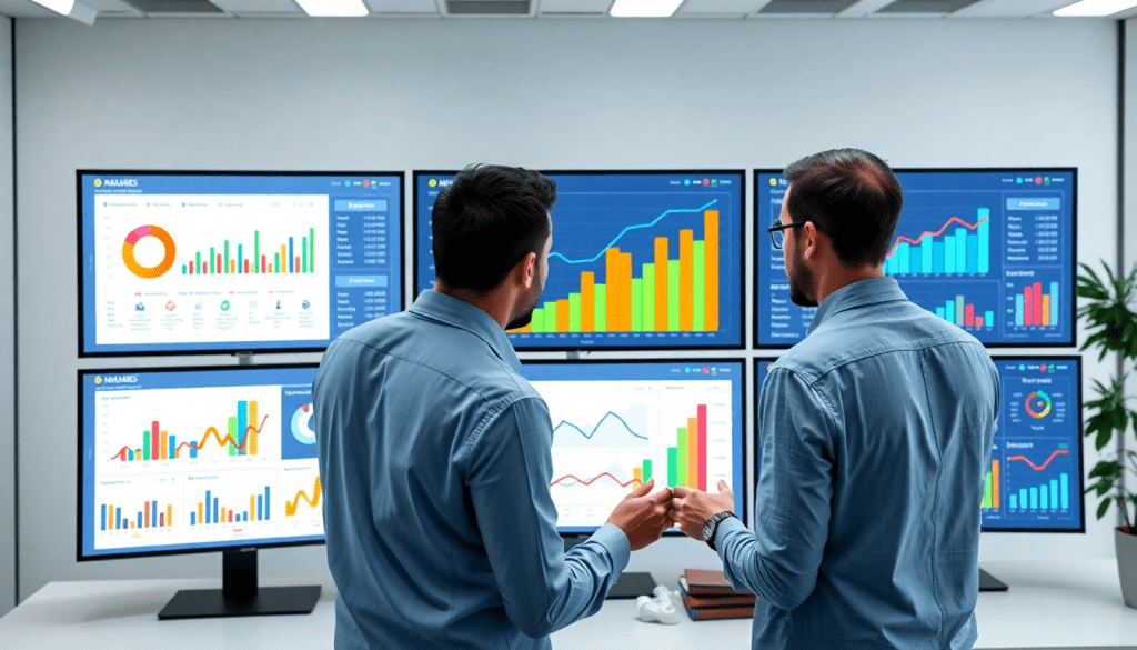 Marketing professionals analyzing a Supermetrics alternative marketing analytics dashboard with automated performance reports and client dashboard insights, highlighting cross-channel analytics and performance marketing KPIs on the TapClicks reporting platform in comparison to Funnel.io for agency reporting automation and digital marketing data visualization.