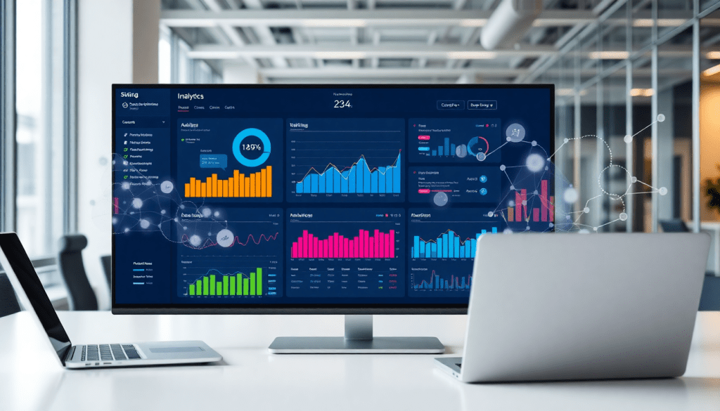 Performance marketing reporting software displaying automated campaign reporting, performance analytics tool, ad spend optimization dashboard, and ROAS tracking platform on a computer screen in an office setting.