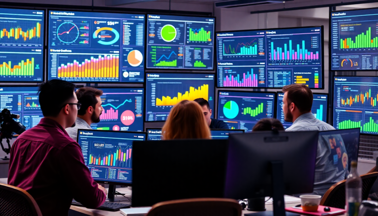 AI data visualization tool for marketing teams displaying interactive data reports, automated marketing analytics, and cross-channel visualization on multiple screens in an office setting.