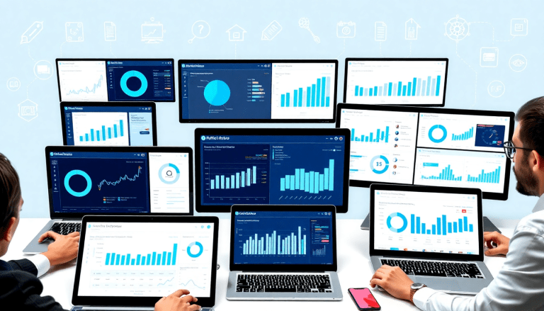 Multi-screen setup displaying graphs and charts for agency reporting automation and cross-channel reporting tools, highlighting a NinjaCat alternative and best competitors in reporting software for agencies.