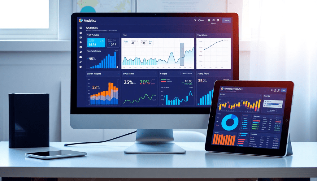 Multi-channel analytics dashboard showcasing cross-channel marketing analytics, performance tracking, and marketing data aggregation on a unified reporting platform with campaign performance visualization and ROI tracking.