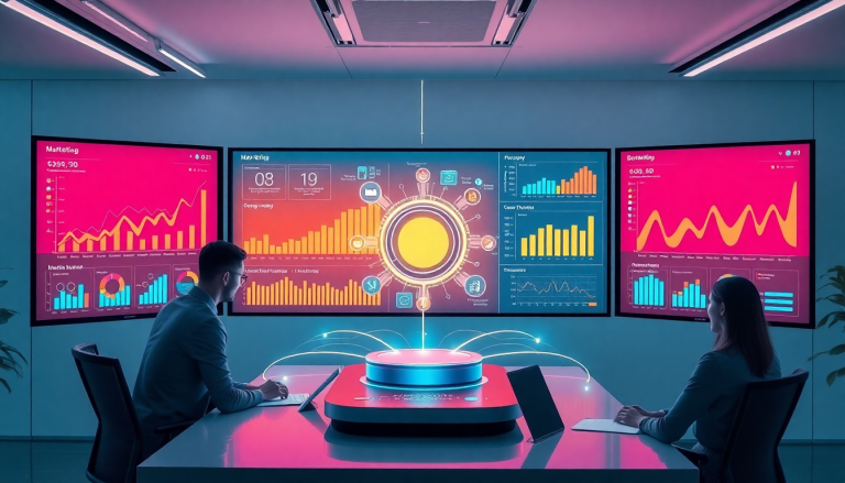 AI data visualization tool for marketing teams in a modern office, showcasing automated dashboard creation and cross-channel performance tracking on multiple screens, with marketing analytics automation and AI reporting assistant features.