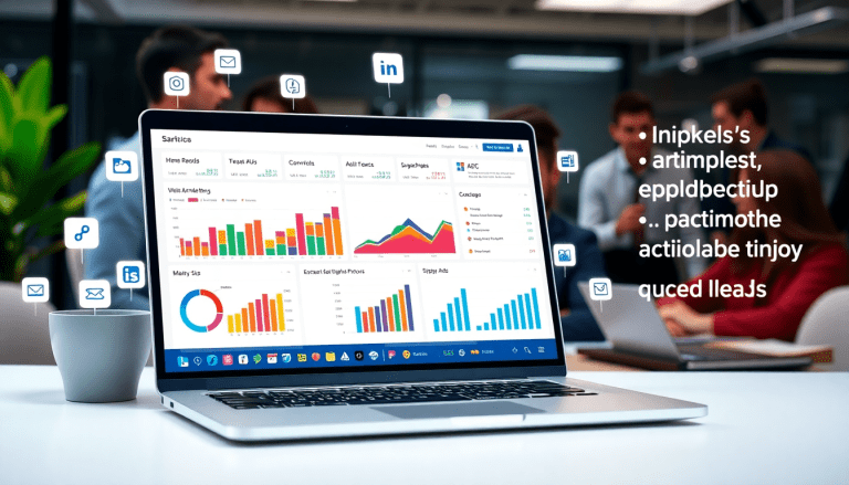 Multi-channel analytics dashboard displaying integrated marketing metrics, campaign performance visualization, and ROI tracking with omnichannel analytics solution in a collaborative office setting.