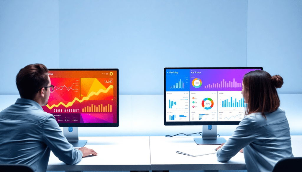 Marketing dashboard automation with professionals analyzing automated performance reports and client dashboard insights on dual screens, highlighting digital marketing data visualization and cross-channel analytics.