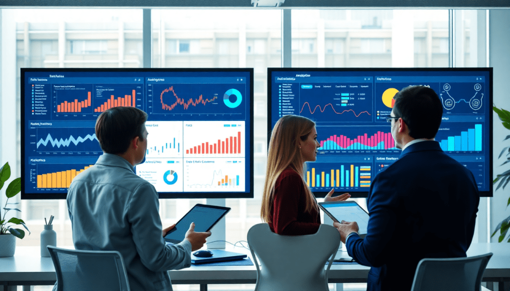 Team evaluating marketing analytics dashboard on digital screens, discussing automated performance reports and agency reporting automation for enhanced client dashboard insights and cross-channel analytics.