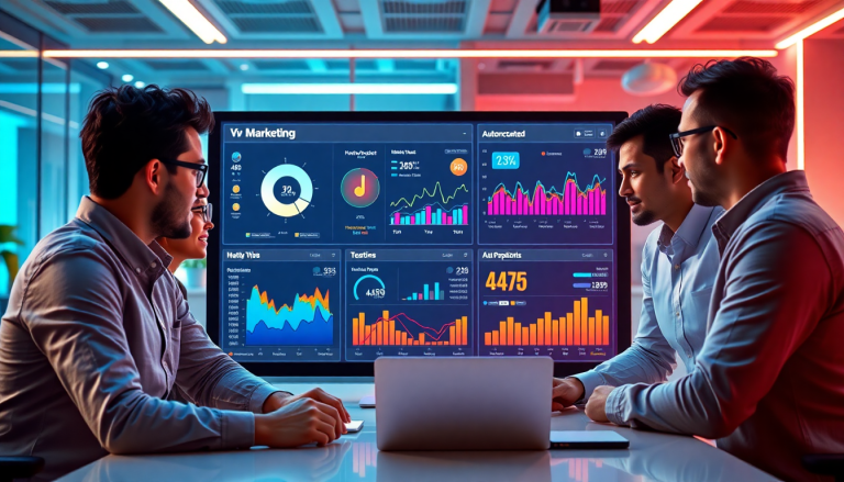 Marketing team using an AI data visualization tool to analyze campaign performance insights on AI-powered dashboards for real-time marketing metrics.