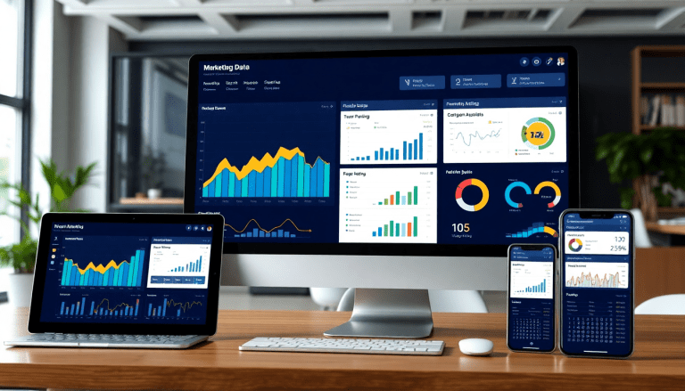 Multi-device view of reporting software for agencies showcasing data analytics and client dashboard platform, highlighting a NinjaCat alternative with automated marketing reports and cross-channel reporting tool.