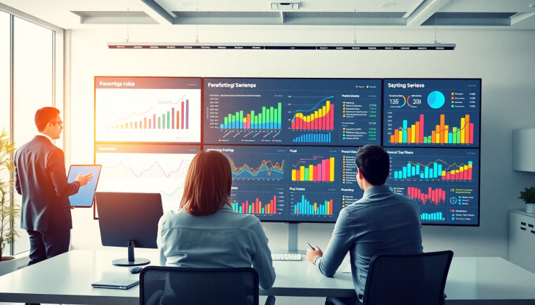 Office team analyzing performance marketing reporting software on a large screen with automated campaign reporting, performance analytics, ad spend optimization, ROAS tracking, and conversion rate analytics.