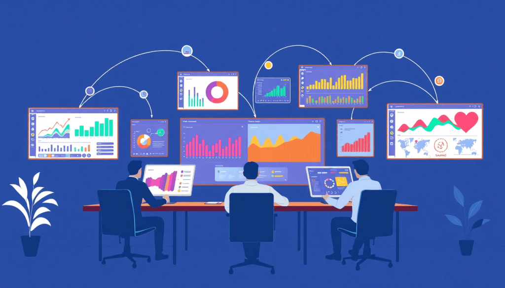 Three professionals analyzing marketing analytics dashboards with graphs and charts, showcasing automated performance reports, agency reporting automation, and client dashboard insights for cross-channel analytics.