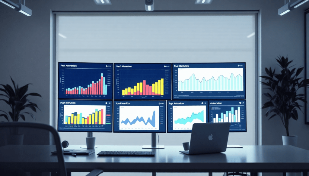 Automated KPI reporting dashboard displaying marketing analytics automation, AI reporting assistant, and cross-channel performance tracking for marketing intelligence and ROI insights.