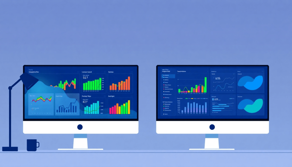 Two computer monitors displaying colorful graphs and charts for agency reporting automation, showcasing a NinjaCat alternative and best NinjaCat competitors, highlighting automated marketing reports, client dashboard platforms, and cross-channel reporting tools.