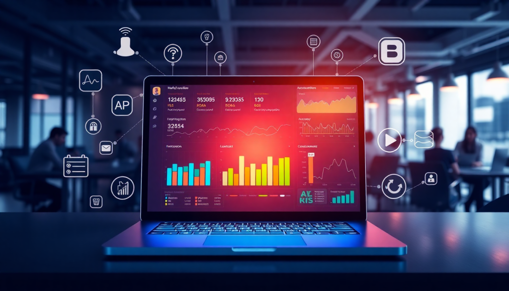 Laptop displaying performance marketing reporting software interface, showcasing automated campaign reporting, performance analytics tool, ad spend optimization dashboard, ROAS tracking platform, conversion rate analytics, and digital advertising insights in a modern office setting.