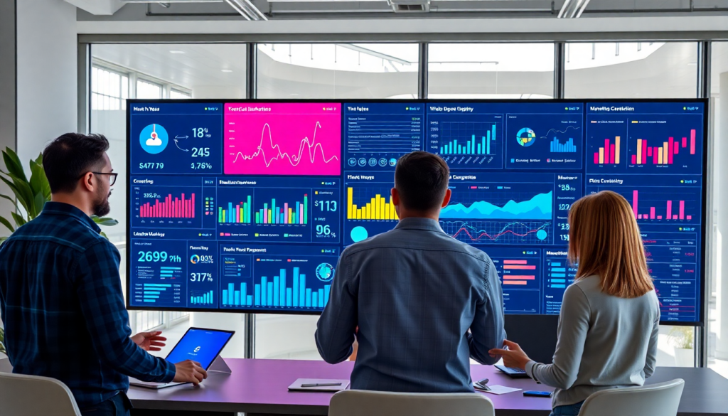 Marketing team using an AI data visualization tool for marketing analytics automation, featuring automated dashboard creation, cross-channel performance tracking, and client analytics automation on a large screen, facilitating marketing data visualization and campaign performance insights.