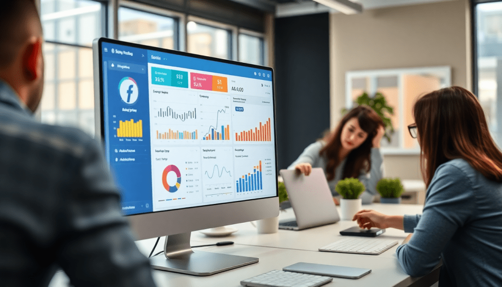 Multi-channel analytics dashboard displaying cross-channel marketing analytics, performance tracking, marketing data aggregation, and campaign performance visualization in an office setting.