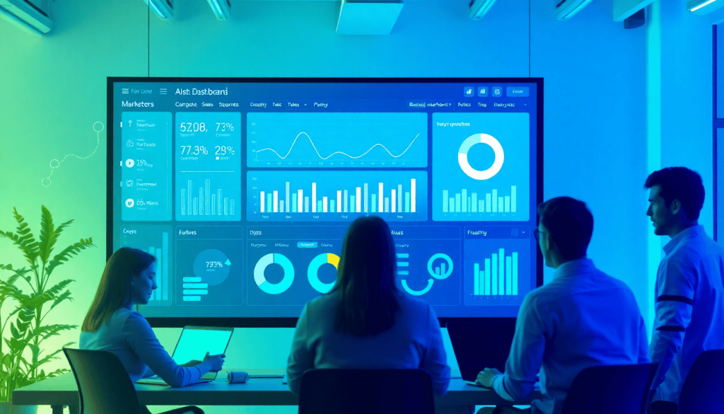 Automated KPI reporting dashboard showcasing AI analytics reporting and real-time performance metrics in a modern office setting.