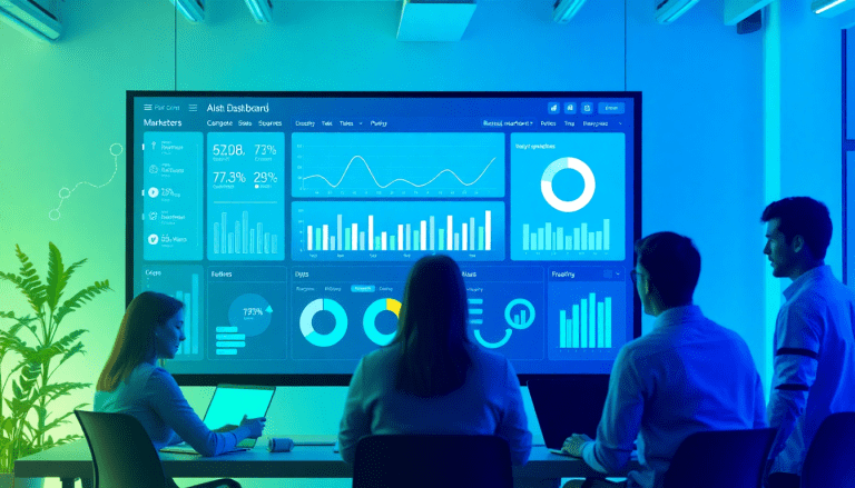 Automated KPI reporting dashboard showcasing AI analytics reporting and real-time performance metrics in a modern office setting.
