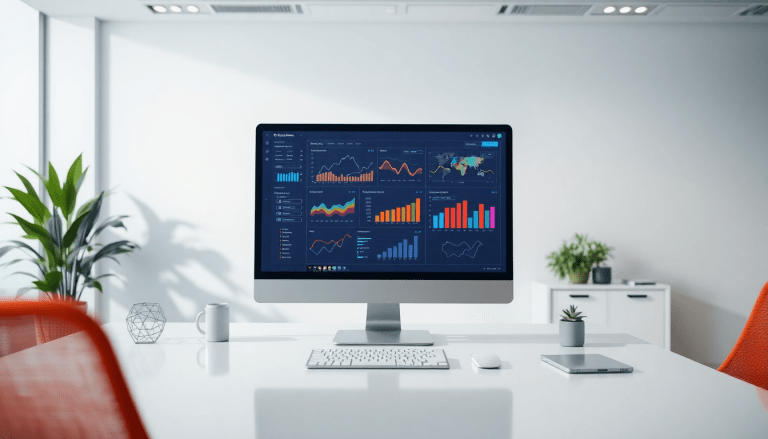White-label marketing dashboard for agencies displaying customizable client dashboards and automated data visualization on a computer screen in a modern office.