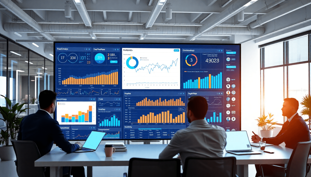 Office setting with people reviewing a large dashboard screen, showcasing automated marketing reports and analytics, ideal for an agency reporting automation platform as a NinjaCat alternative.